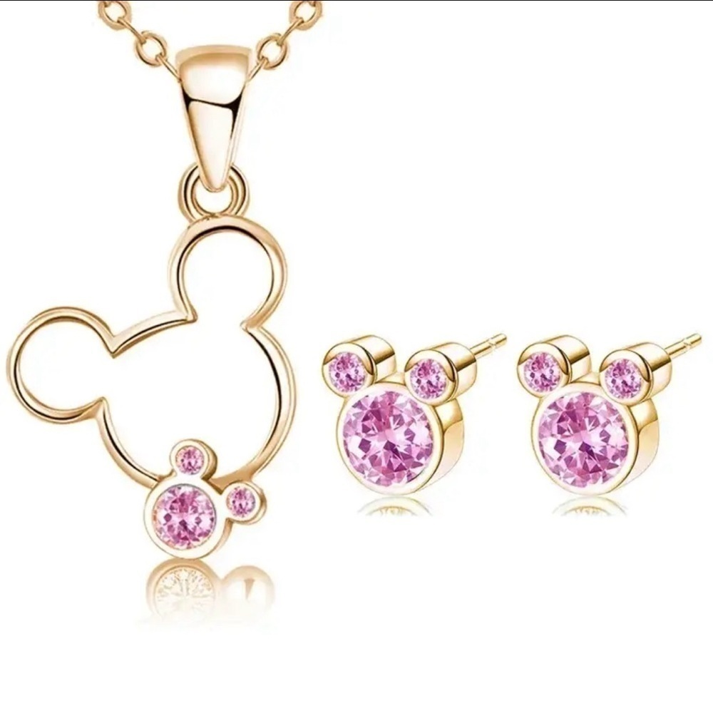 14K Gold Mickey Mouse Head With Pink CZ Accents Necklace and Earrings Set